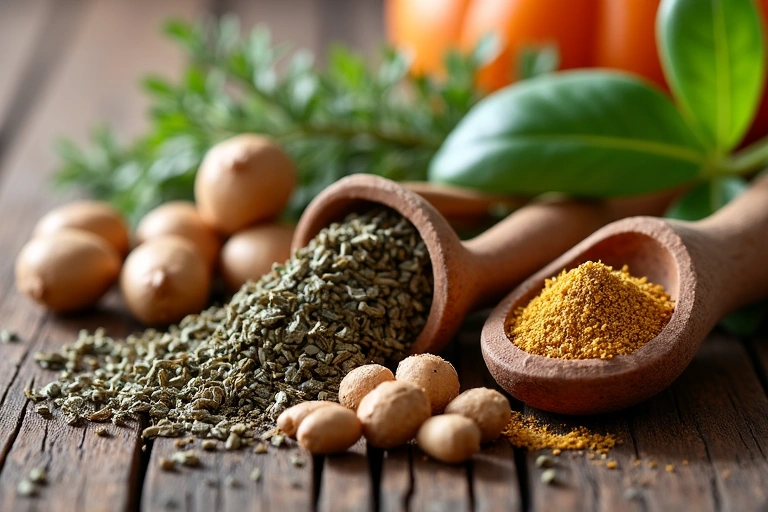 A close-up of natural ingredients like herbs and roots on a wooden table, symbolizing purity and quality.